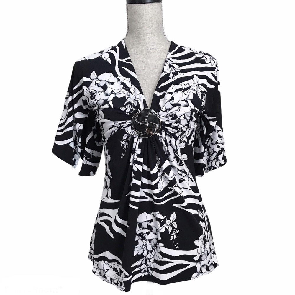 WHBM Top Short Sleeve Open Back Tropical Floral V-Neck Jersey Knit Small